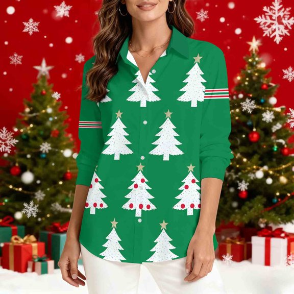 Christmas Shirts for Women Casual Printed Lapel V Neck Short Sleeve Shirt Lightweight Outfits Pullover Blouses for Holiday