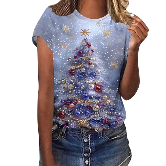 Christmas Shirts for Women Christmas Graphic Shirts Short Sleeve Crewneck Funny Print Tops Gifts for Women
