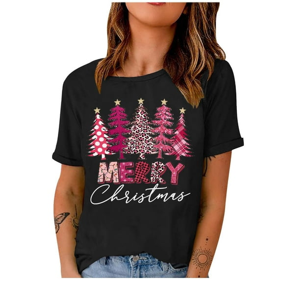 Christmas Shirts for Women Christmas Tree Graphic Shirts Short Sleeve Crewneck Funny Print Tee Tops Gifts for Women