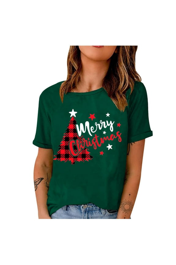 Christmas Shirts for Women Christmas Tree Graphic Shirts Short Sleeve Crewneck Funny Print Tee Tops Gifts for Women