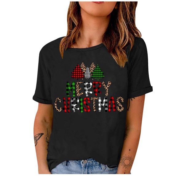Christmas Shirts for Women Christmas Tree Graphic Shirts Short Sleeve Crewneck Funny Print Tee Tops Gifts for Women