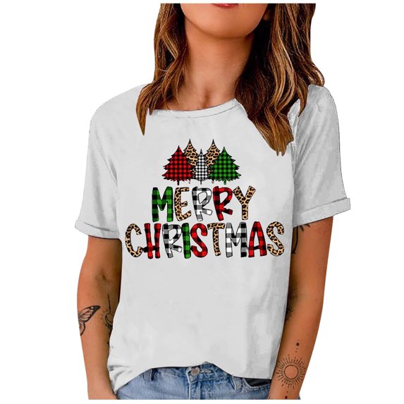 Christmas Shirts for Women Christmas Tree Graphic Shirts Short Sleeve Crewneck Funny Print Tee Tops Gifts for Women