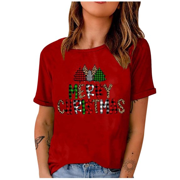 Christmas Shirts for Women Christmas Tree Graphic Shirts Short Sleeve Crewneck Funny Print Tee Tops Gifts for Women