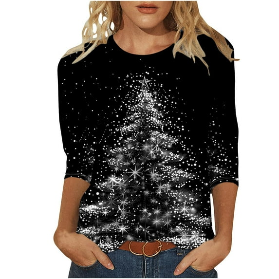 Christmas Shirts for Women Christmas Tree Printed Tshirts 3/4 Sleeve Round Neck Tops Winter Holiday Xmas Tops