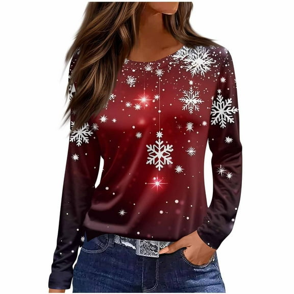 Christmas Shirts for Women Christmas Tree Printed Tshirts Long Sleeve Crewneck Loose Fit Blouses