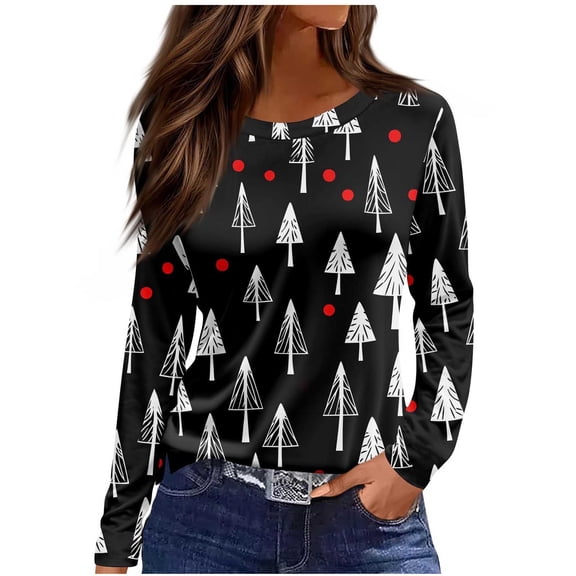 Christmas Shirts for Women Christmas Tree Printed Tshirts Long Sleeve Crewneck Loose Fit Blouses
