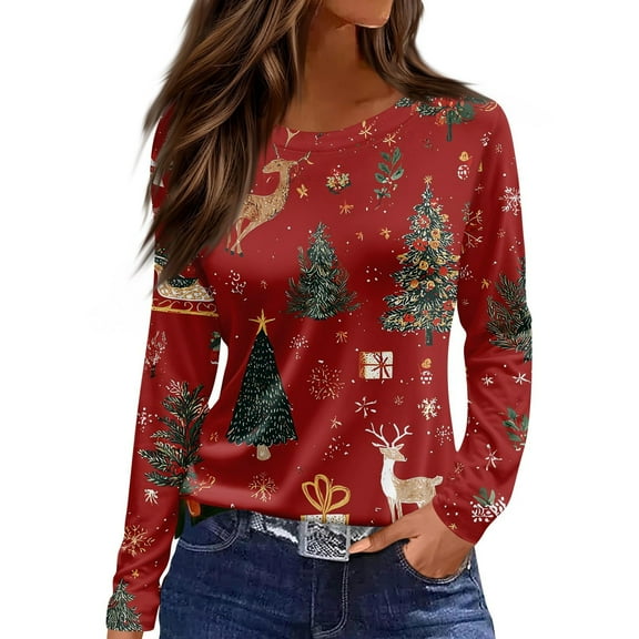 Christmas Shirts for Women Christmas Tree Printed Tshirts Long Sleeve Crewneck Loose Fit Blouses