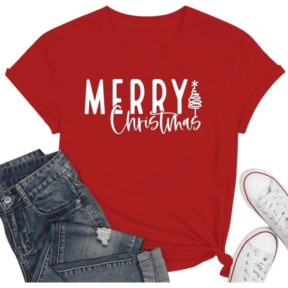 Christmas Shirts for Women Christmas Tree T-Shirt Letter Graphic Tees Tops
