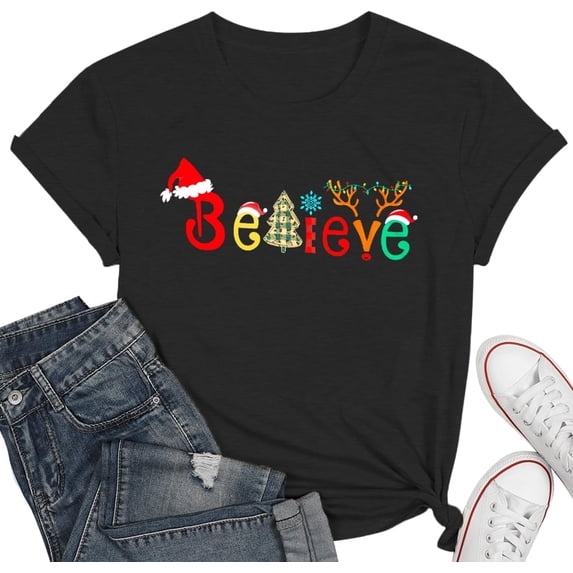 Christmas Shirts for Women Christmas Tree T-Shirt Letter Graphic Tees Tops