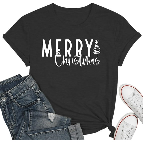 Christmas Shirts for Women Christmas Tree T-Shirt Letter Graphic Tees Tops