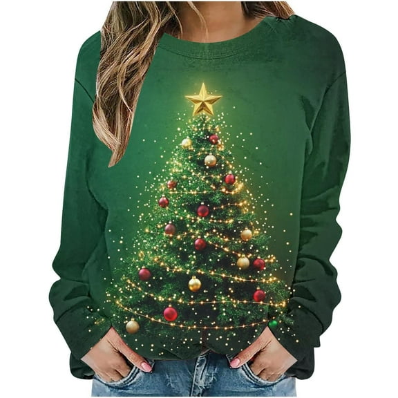Christmas Shirts for Women Christmas Tree Tops Crewneck Graphic Sweatshirts Long Sleeve Loose Pullover Dressy Holiday Tops for Women 2025