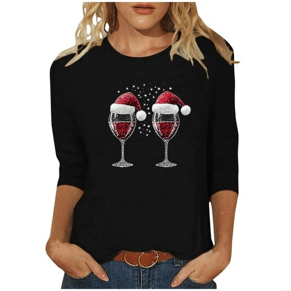 Christmas Shirts for Women Clearance 3/4 Length Sleeve Crew Neck T-shirts Xmas Printed Holiday Graphic Tees (2XL, Black)