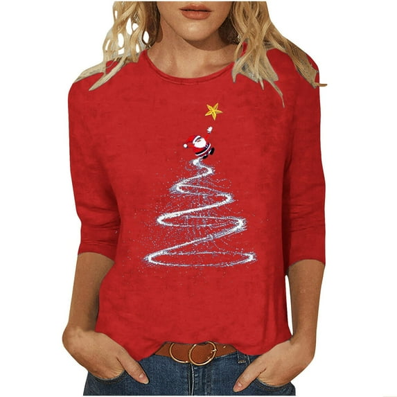 Christmas Shirts for Women 3/4 Length Sleeve Crew Neck T-shirts Xmas Printed Holiday Graphic Tees (L, Red 06)