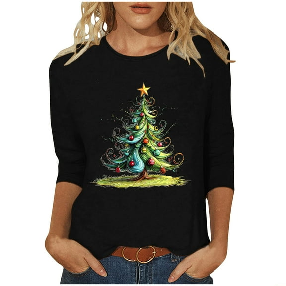 Christmas Shirts for Women 3/4 Length Sleeve Crew Neck T-shirts Xmas Printed Holiday Graphic Tees (S, Black 02)