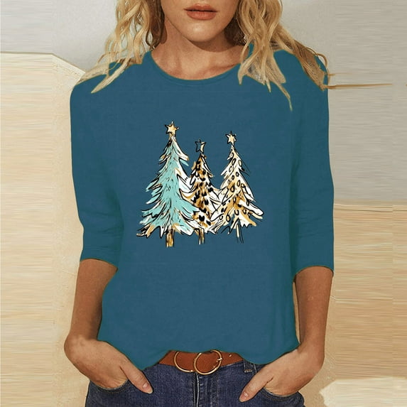 Christmas Shirts for Women 3/4 Length Sleeve Crew Neck T-shirts Xmas Printed Holiday Graphic Tees (XL, Navy 01)