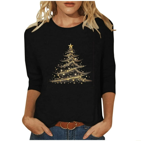 Christmas Shirts for Women 3/4 Length Sleeve Crewneck T-shirts Xmas Printed Holiday Graphic Tees (M, Black 05)