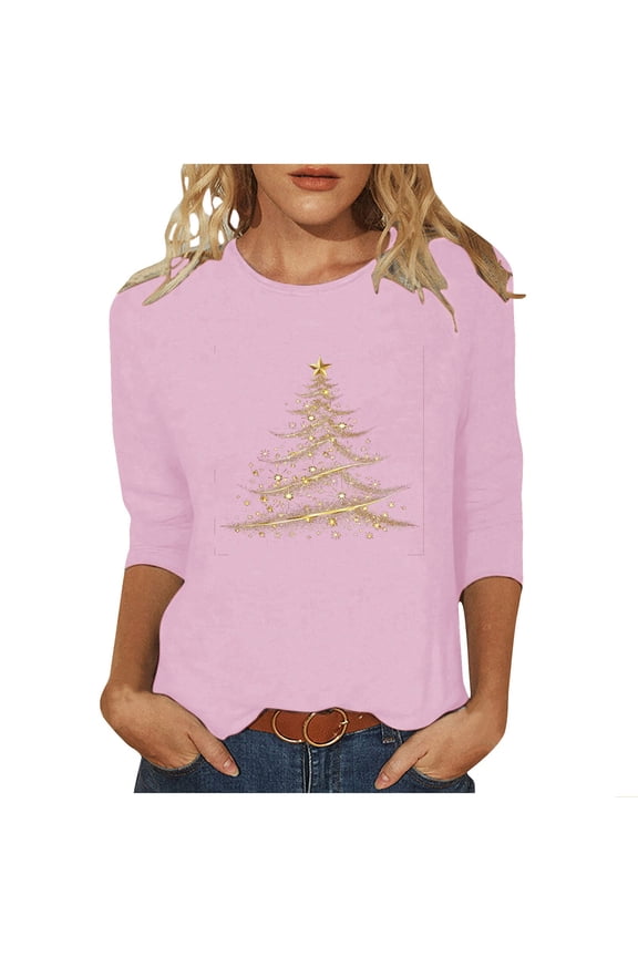 Christmas Shirts for Women 3/4 Length Sleeve Crewneck T-shirts Xmas Printed Holiday Graphic Tees (XL, Pink 05)