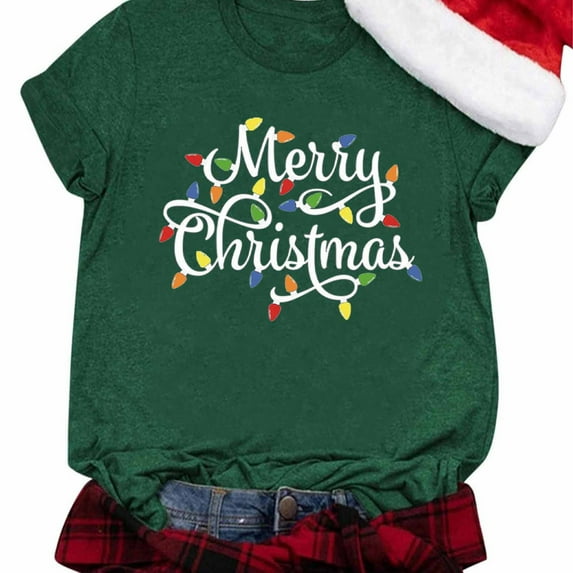 Christmas Shirts for Women Crewneck Merry Xmas Funny Graphic T-Shirt Casual Short Sleeve T Shirt Holiday Basic Tee Tops L