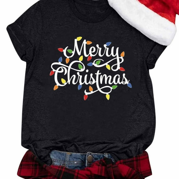 Christmas Shirts for Women Crewneck Merry Xmas Funny Graphic T-Shirt Casual Short Sleeve T Shirt Holiday Basic Tee Tops L