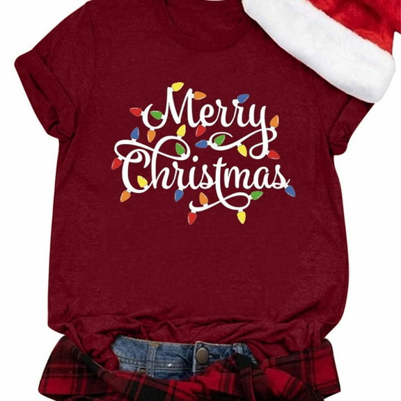 Christmas Shirts for Women Crewneck Merry Xmas Funny Graphic T-Shirt Casual Short Sleeve T Shirt Holiday Basic Tee Tops XXL