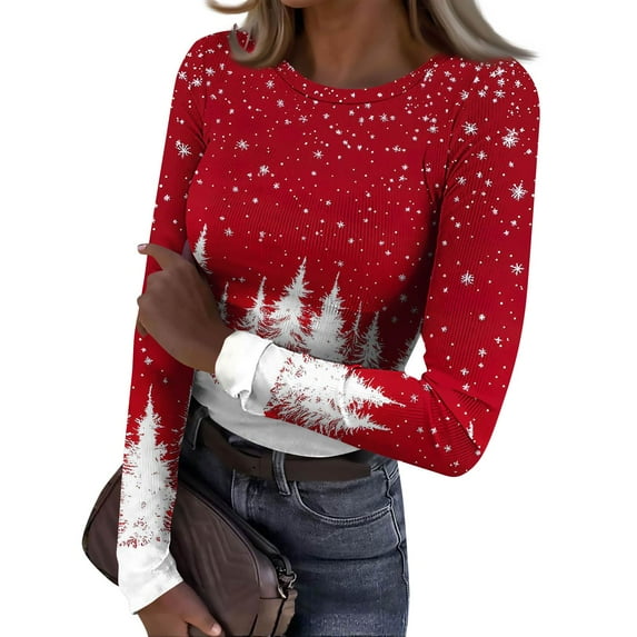 Christmas Shirts for Women Cute Xmas Tree Print Long Sleeve Casual Knit Tops Slim Fitted Pullover Tee