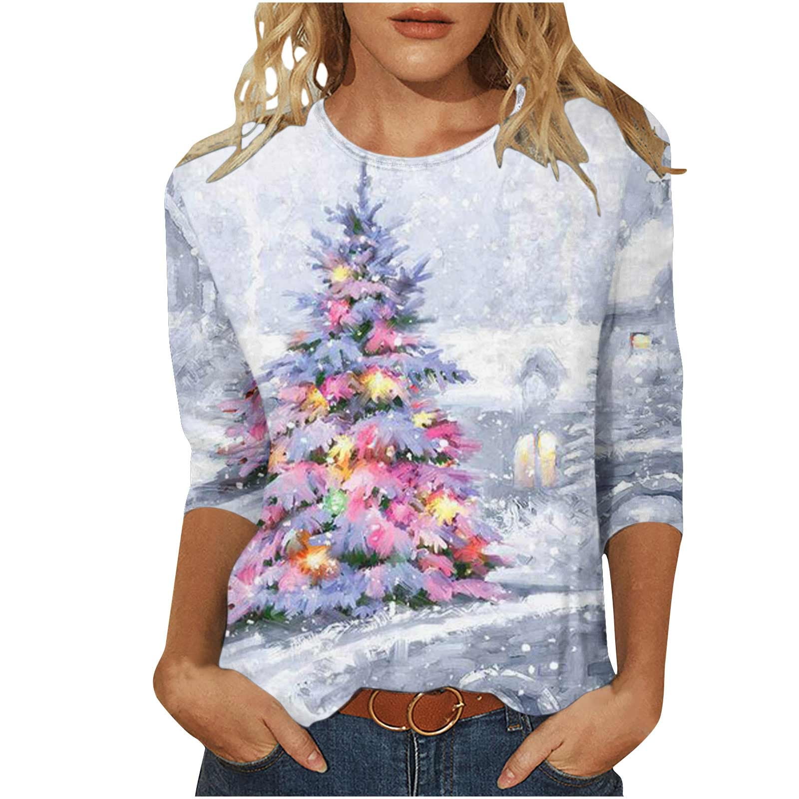 Christmas Shirts For Women Fall Fashion Sparkly Xmas Tree Print 3 4 Sleeve Crewneck Sweatshirts