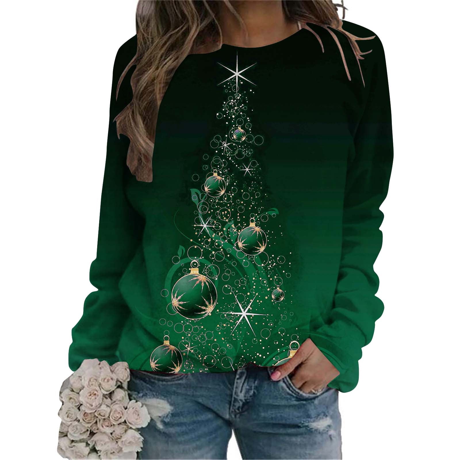 Christmas Shirts for Women Fall Fashion Sparkly Xmas Tree Print Long