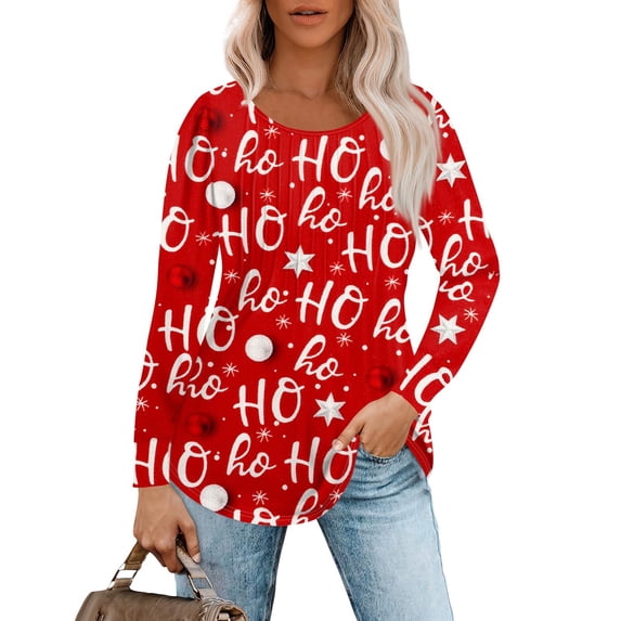 Christmas Shirts for Women Fall Tops Loose Fit Pleated Long Sleeve Shirts Casual Crew Neck Christmas Print Blouse Plus Size Tees
