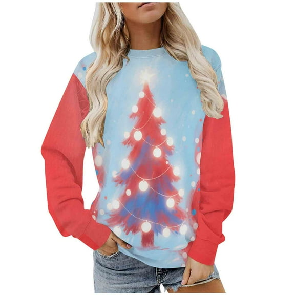 Christmas Shirts for Women Fleece Crewneck Sweatshirts Fashion Christmas Printed Blouses Long Sleeve Sweaters Casual Xmas Holiday Pullover Tops
