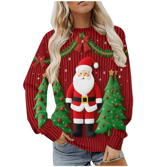 Christmas Shirts for Women Fleece Crewneck Sweatshirts Fashion Christmas Printed Blouses Long Sleeve Sweaters Casual Xmas Holiday Pullover Tops