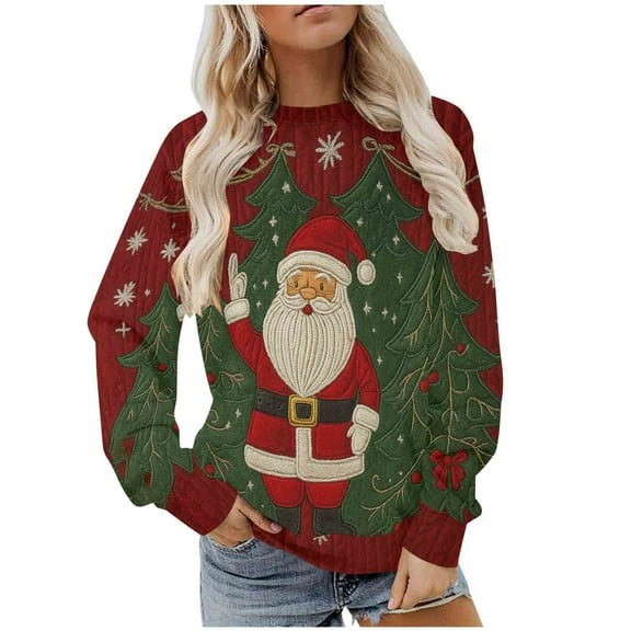 Christmas Shirts for Women Fleece Crewneck Sweatshirts Fashion Christmas Printed Blouses Long Sleeve Sweaters Casual Xmas Holiday Pullover Tops