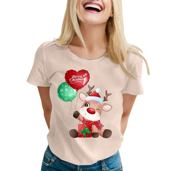 Christmas Shirts for Women Funny Novelty Cartoon Print T Shirts Short Sleeve Crewneck Xmas T Shirt Casual Basic Tee Tops L