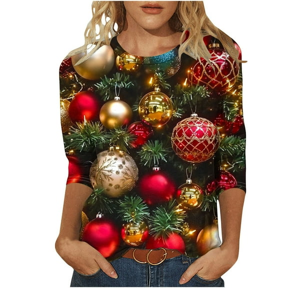 Christmas Shirts for Women Glitter Xmas Tree Print 3/4 Sleeve Tops Cotton Crewneck Pullover Blouse Gifts Tunic Tshirt