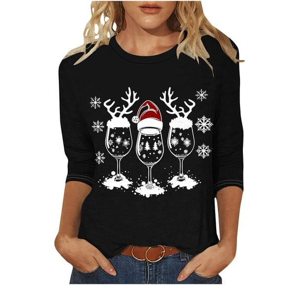 Christmas Shirts for Women Glitter Xmas Tree Print 3/4 Sleeve Tops Cotton Crewneck Pullover Blouse Gifts Tunic Tshirt
