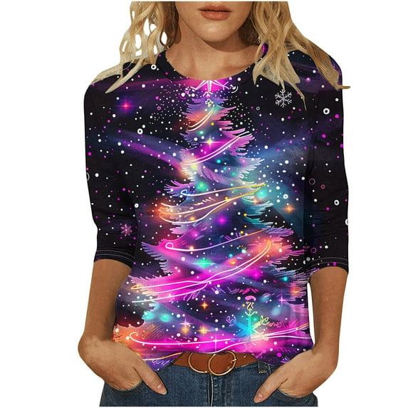 Christmas Shirts for Women Glitter Xmas Tree Print 3/4 Sleeve Tops Cotton Crewneck Pullover Blouse Gifts Tunic Tshirt