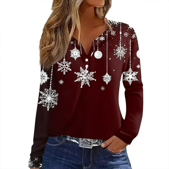 Christmas Shirts for Women Long Sleeve Santa Claus Reindeer Print Blouses Henley V Neck Xmas Cute Casual Tops T-Shirts Deep Red XL