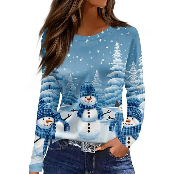 Christmas Shirts for Women Long Sleeve Snowman Christmas Tree Print Blouses Crew Neck Cute Xmas Funny T-Shirts Tops Sky Blue L