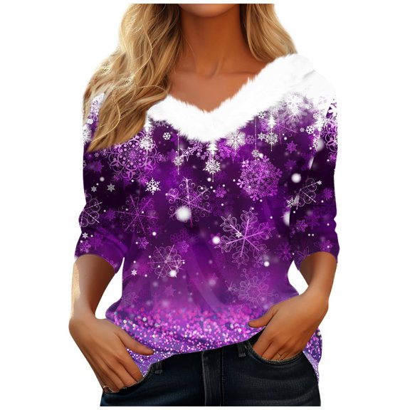 Christmas Shirts for Women Long Sleeve Tops Fashion Casual Fall Winter Furred V Neck Printed Holiday Graphic Tees Blouses