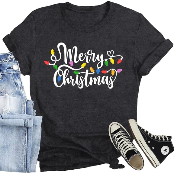 Christmas Shirts for Women Merry Christmas Trees Printed T-Shirt Cute Xmas Holiday Tee Tops