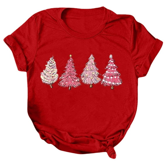 Christmas Shirts for Women Novelty Xmas Tree Print T Shirts Plus Size Crew Neck Short Sleeve Holiday Casual Basic Tee Tops XL