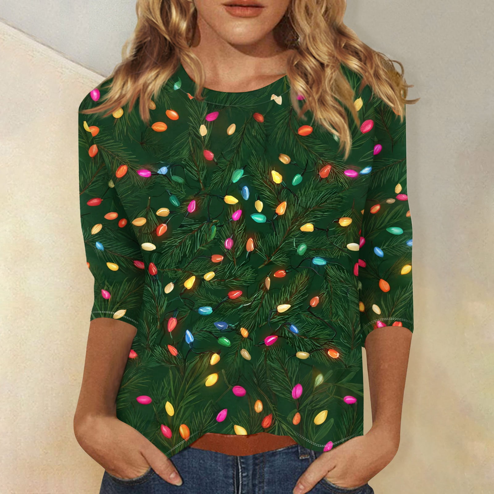 Christmas Shirts for Women Plus Size 3/4 Length Sleeve Round Neck Tunic