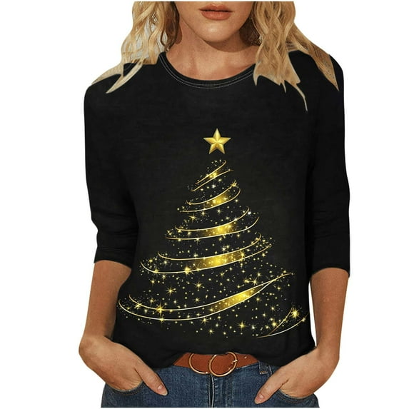 Christmas Shirts for Women Plus Size 3/4 Length Sleeve Tops Crewneck Loose Xmas Tree Snowflakes Graphic Tee Tshirts (S, Black 04)