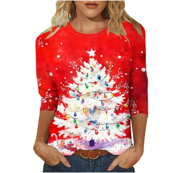 Christmas Shirts for Women Plus Size 3/4 Length Sleeve Tops Crewneck Loose Xmas Tree Snowflakes Graphic Tee Tshirts (S, Red 02)