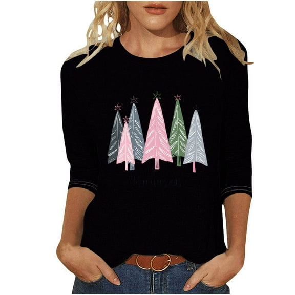 Christmas Shirts for Women Plus Size 3/4 Length Sleeve Tops Crewneck Loose Xmas Tree Snowflakes Graphic Tee Tshirts (XL, Black)