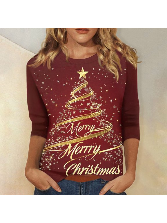 Christmas Shirts for Women Plus Size Casual Dressy 3/4 Sleeve Tops Crewneck Xmas Graphic T-Shirts Fall Winter Vacation Gold 3XL