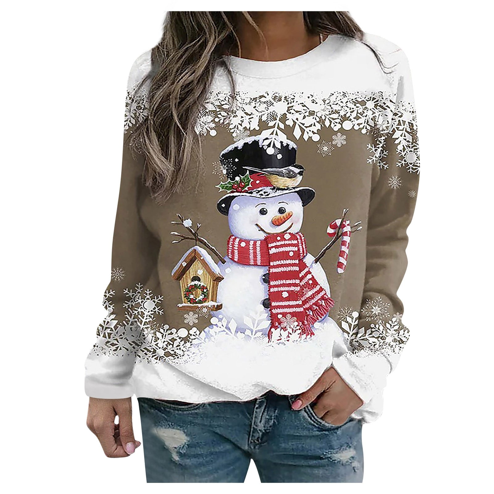 Christmas Shirts for Women Plus Size Xmas Ugly Snowman Print Long Sleeve  Baseball T-Shirt Crewneck Casual Graphic Top Sweatshirt