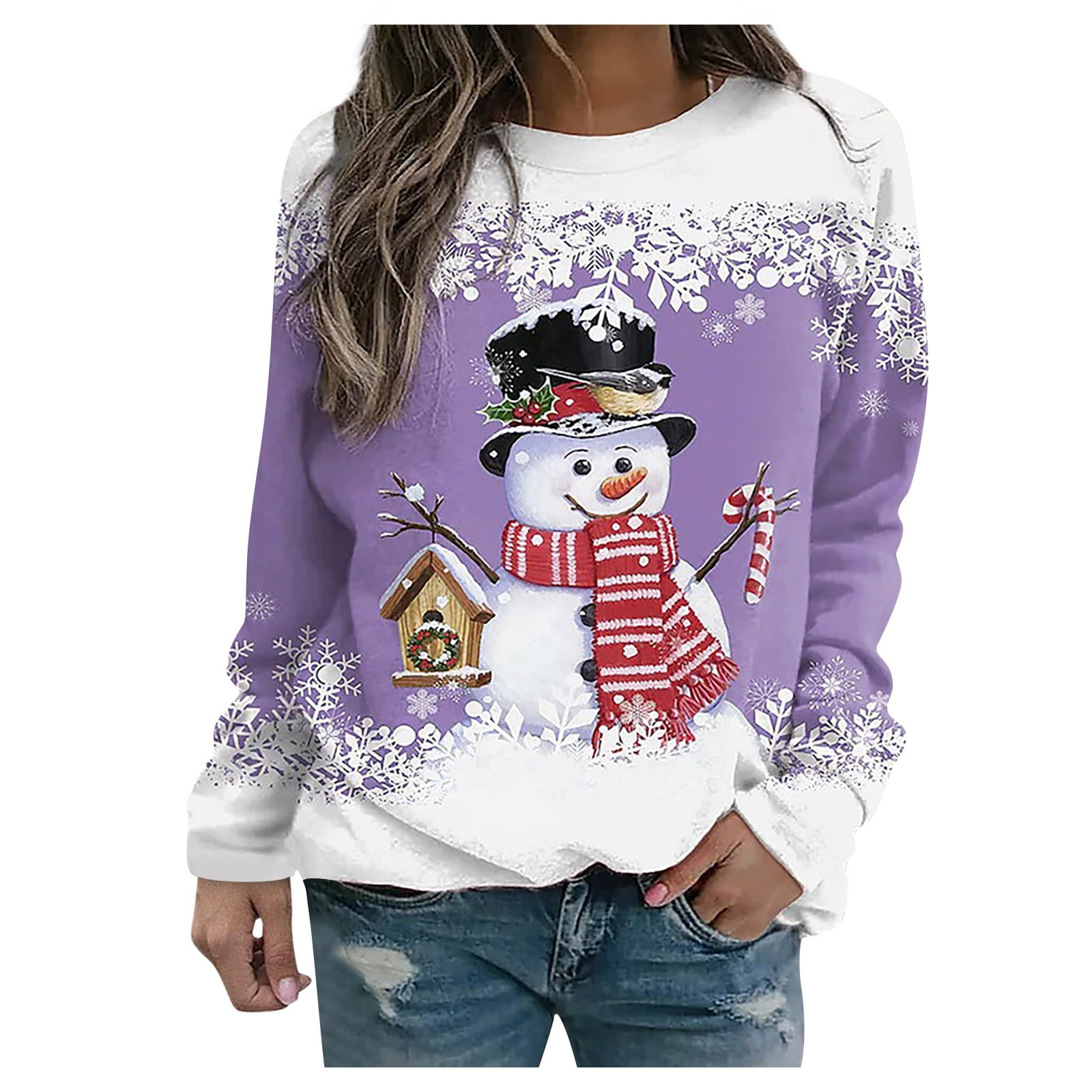 Christmas Shirts for Women Plus Size Xmas Ugly Snowman Print Long Sleeve  Baseball T-Shirt Crewneck Casual Graphic Top Sweatshirt 
