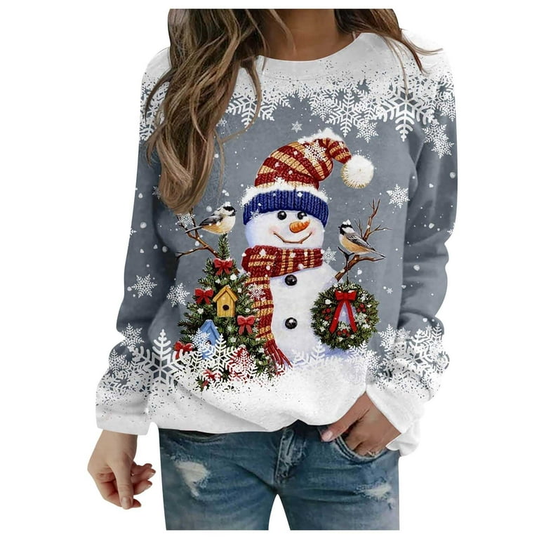 Casual Santa Claus Snowman Printed Basic O Neck Tops Casual Santa Claus Snowman Printed Basic O Neck Tops