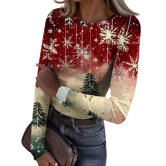 Christmas Shirts for Women Rib Knit Christmas Tops Stretch Long Sleeve Funny Xmas Print Holiday Trendy Tee Top