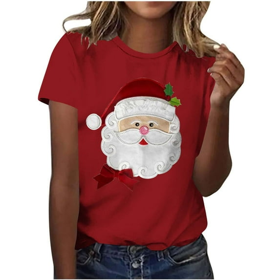 Christmas Shirts for Women Santa Claus T-Shirt Casual Holiday Xmas Short Sleeve Crew Neck Tee Tops
